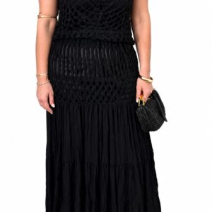 Conjunto boho chic de crochet y falda plisada larga con transparencias negro