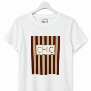 Camiseta Blanca con Estampado de Rayas y Letras "CHIC"