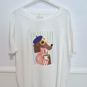 Camiseta Blanca de Algodón con Ilustración de Perro
