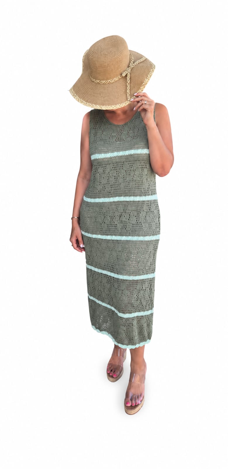 Vestido de Punto Calado Verde Caqui para Mujer