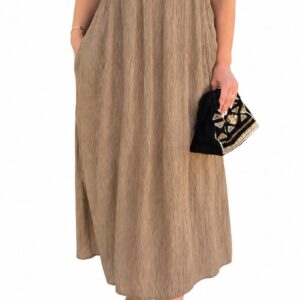 Vestido Largo Camel con Volante y Bolsillos