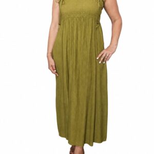 Vestido Largo Verde Oliva con Tirantes de Volantes y Cuerpo Fruncido