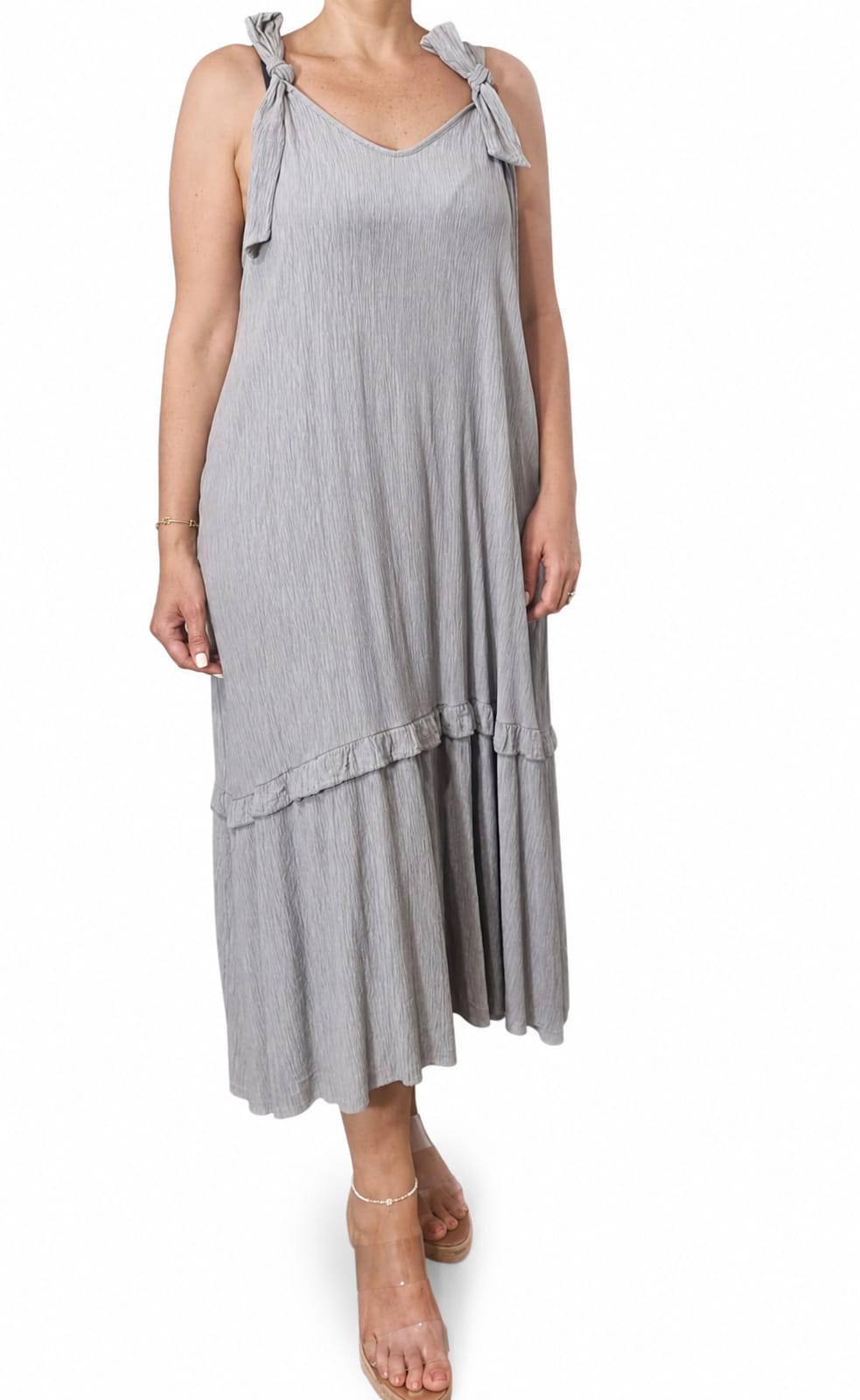 Vestido Midi Gris de Tirantes con Lazos y Volante