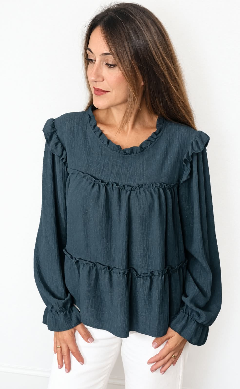 Blusa de Mujer 100% Viscosa con Volantes y Manga Larga – Talla Única