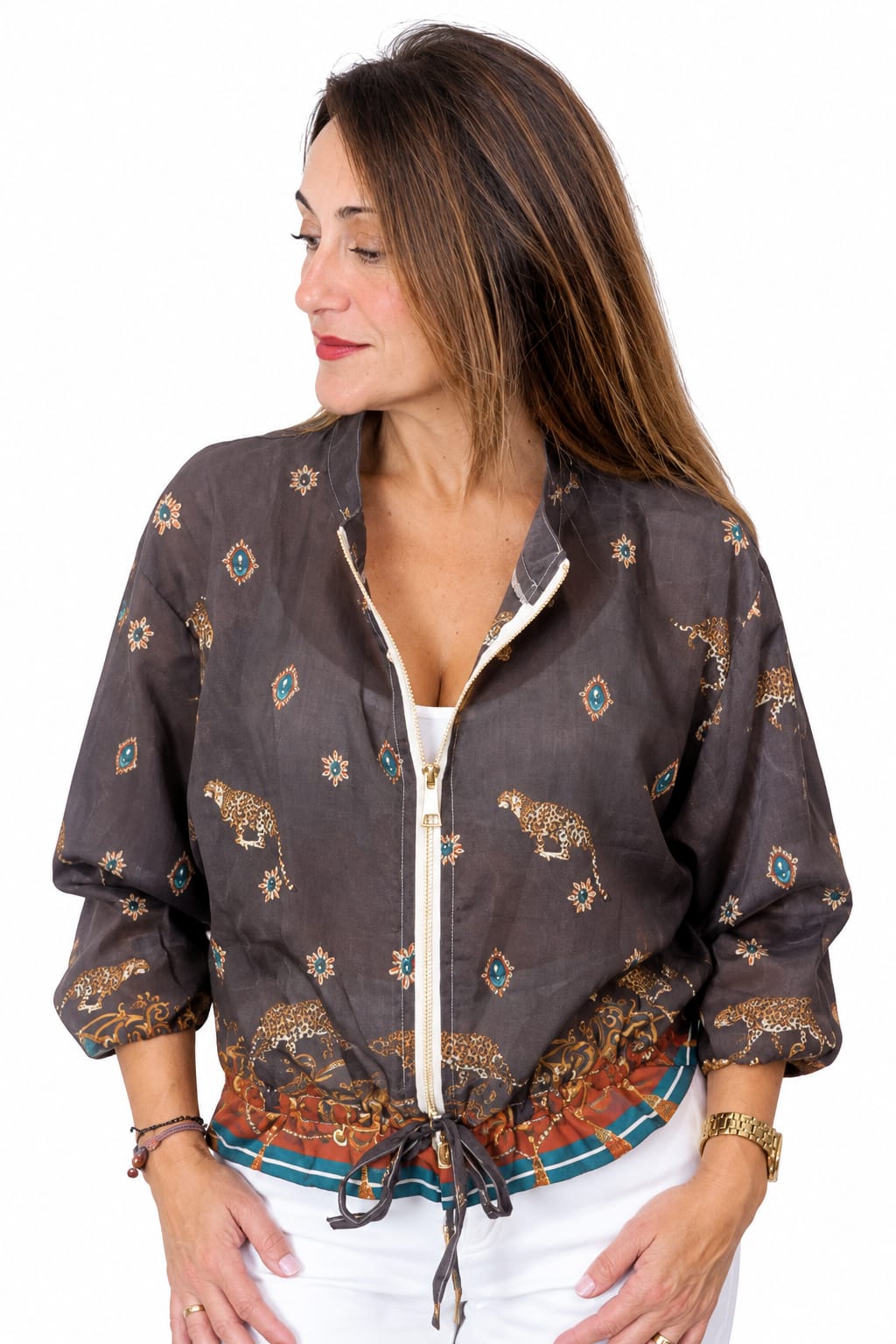 Chaqueta Estampada de Mujer con Cremallera y Cordón Ajustable.