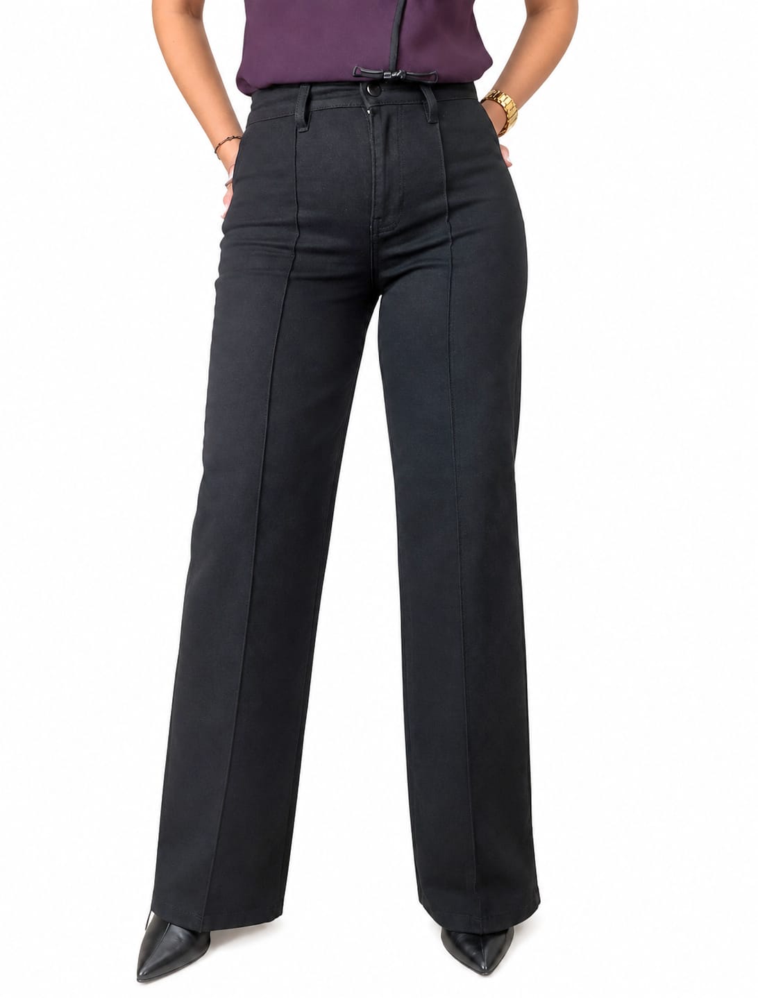 Pantalón Jeans Negro Wide Leg de Tiro Alto con Costura Central
