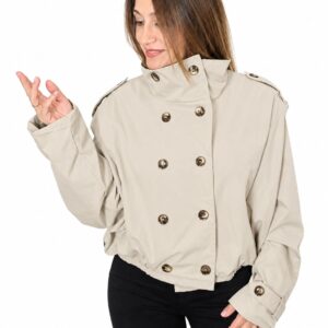 Cazadora Trench Corta Beige con Cuello Alto y Botones
