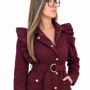 Parka de Mujer Granate con Volantes y Botones Dorados