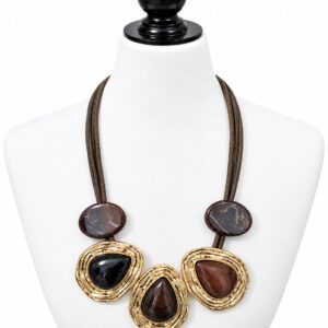 Collar Babero con Piedras de Resina Marrón y Marrón Carey con Marco Dorado