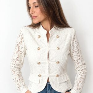 Chaqueta Estilo Militar de Encaje Floral con Botones Dorados