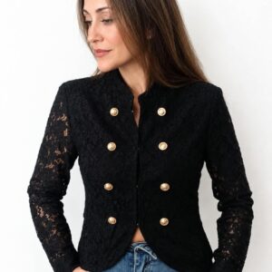 Chaqueta Estilo Militar de Encaje Floral con Botones Dorados
