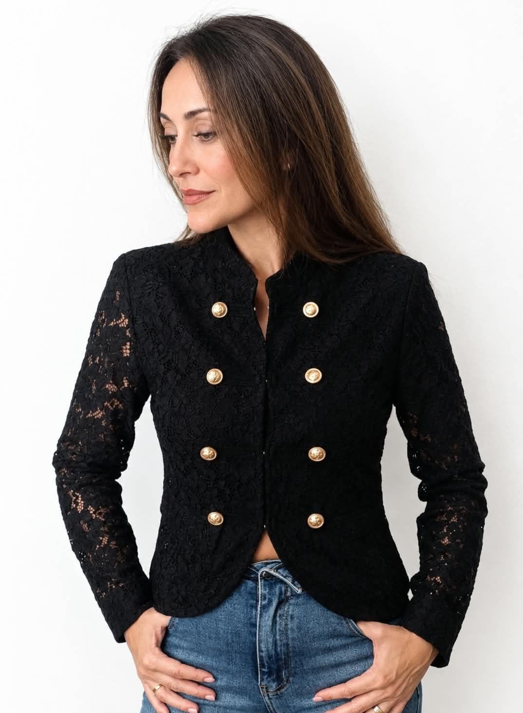 Chaqueta Estilo Militar de Encaje Floral con Botones Dorados