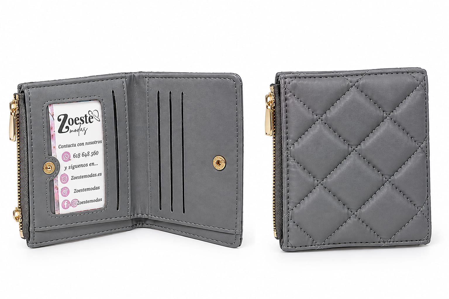 Monedero Tarjetero Compacto de Tela Acolchada Gris con Cremallera