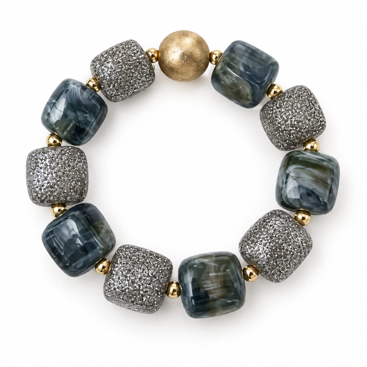 Pulsera Elástica de Cuentas Geométricas en Gris Jaspeado y Plata Purpurina