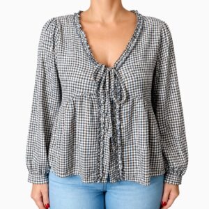 Blusa Peplum Cuadros Vichy con Escote V, Volantes y Lazada