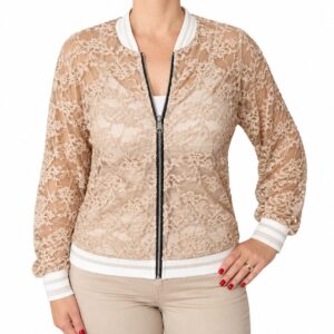 Chaqueta Bomber de Encaje Floral Beige con Cremallera y Puños Elásticos
