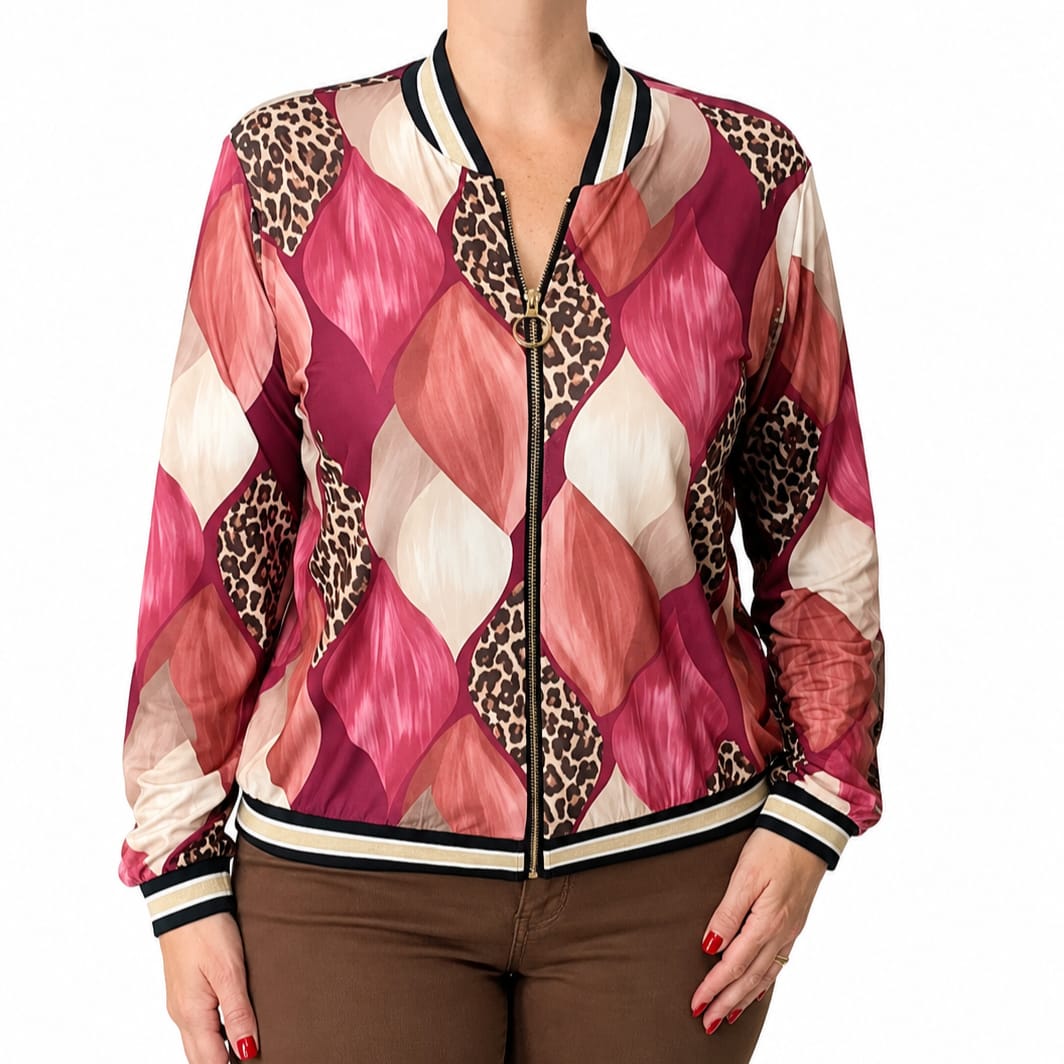 Chaqueta Bomber Estampada Patchwork Geométrico y Animal Print