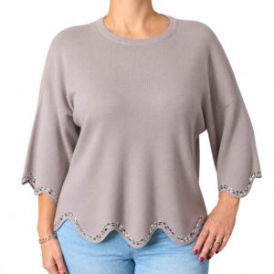 Jersey Visón de Punto Fino con Bajo Festoneado y Abalorios