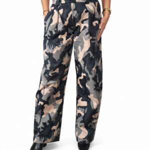 Pantalón Fluido Camuflaje de Talle Alto con Pinzas y Pernera Ancha